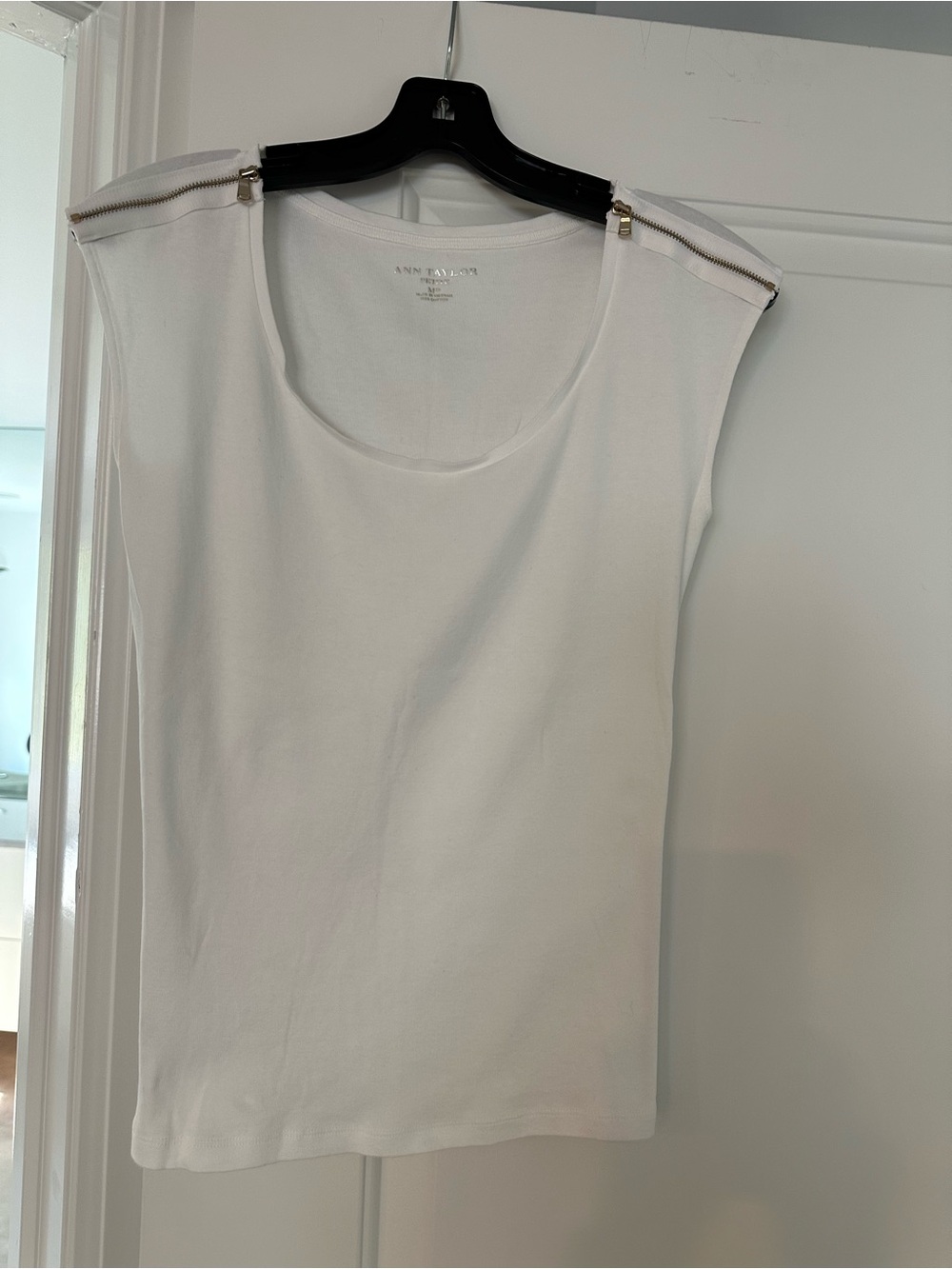 Ann Taylor White Sleeveless Tee with Zip-Shoulder Detail